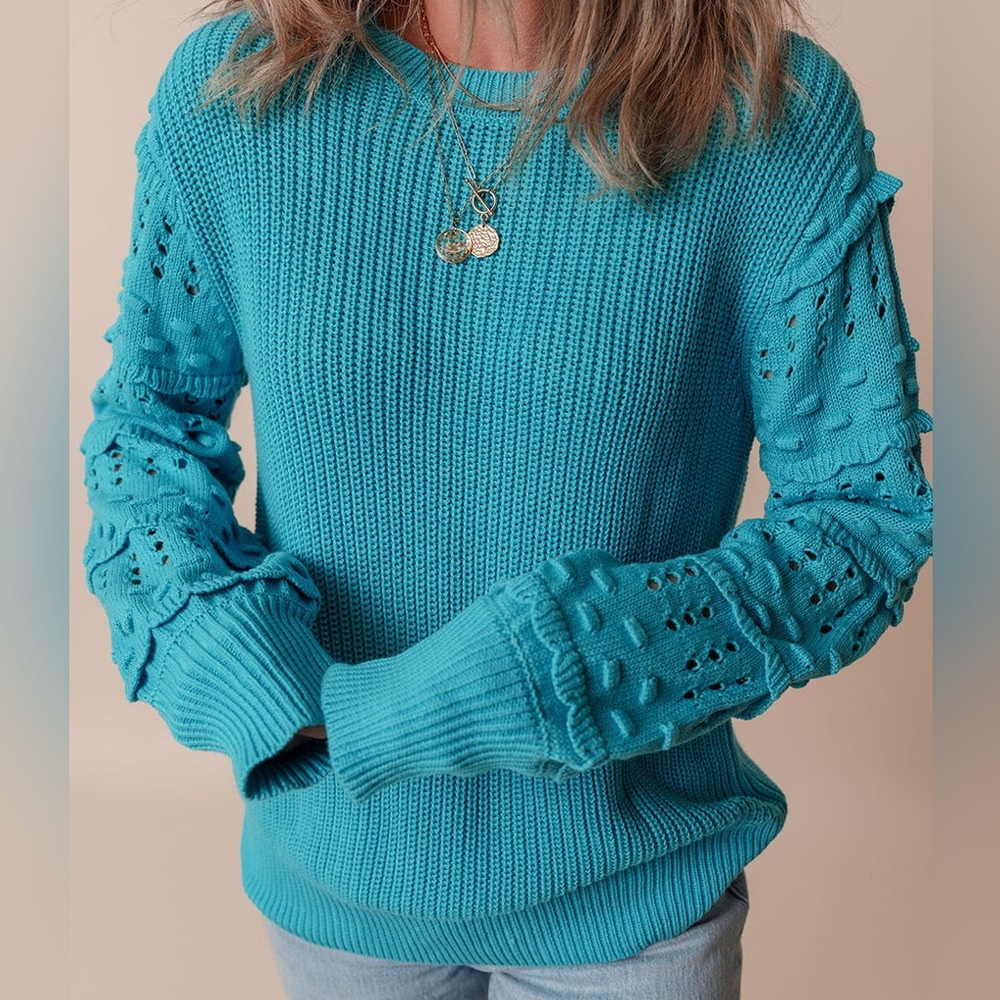Entro Women's Teal Ruffled Eyelet Bubble Sleeve Sweater